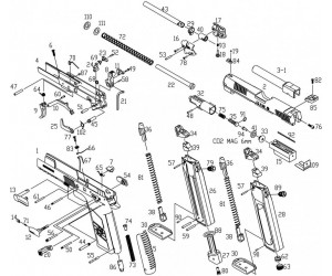 KJW P09 цилиндр нозл в сборе Part 32, 35, 48, 75, 91